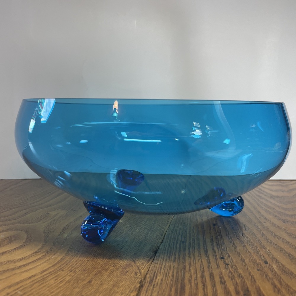 8" Blue Glass Bowl on Three Glass Hand Rolled Feet